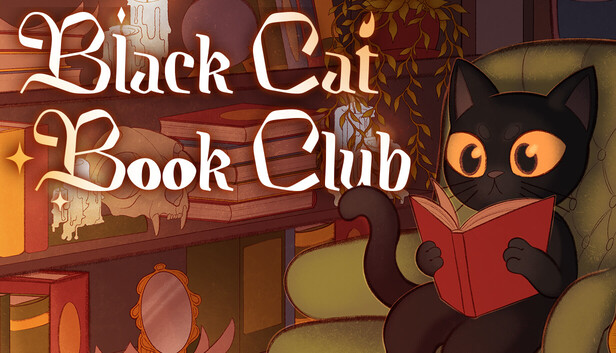 Official Black Cat Book Club Steam capsule: a black cat with glowing amber eyes sits in a green tufted armchair reading a red book in a cozy candlelit library (Idea Garden Games)