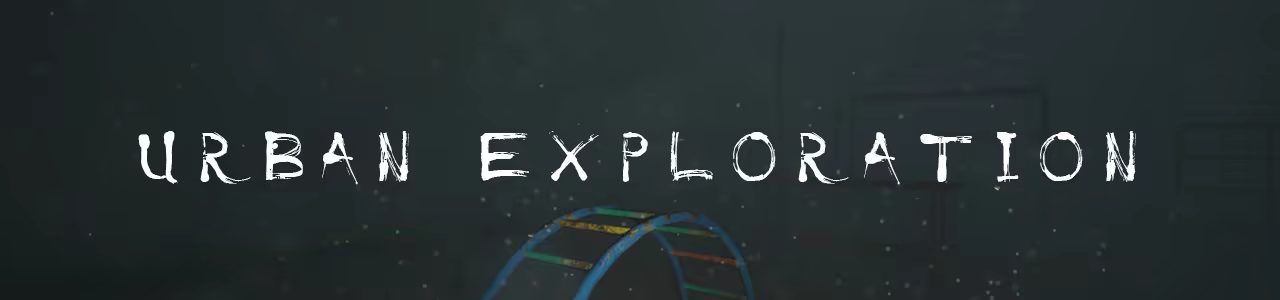 Moody old playground in the fog with "URBAN EXPLORATION" title on it