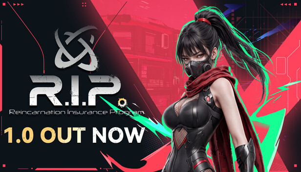 Official R.I.P. Steam capsule: anime heroine with black ponytail and tactical mask beside R.I.P. logo and 1.0 OUT NOW (WarmCore Studio / 2P Games)