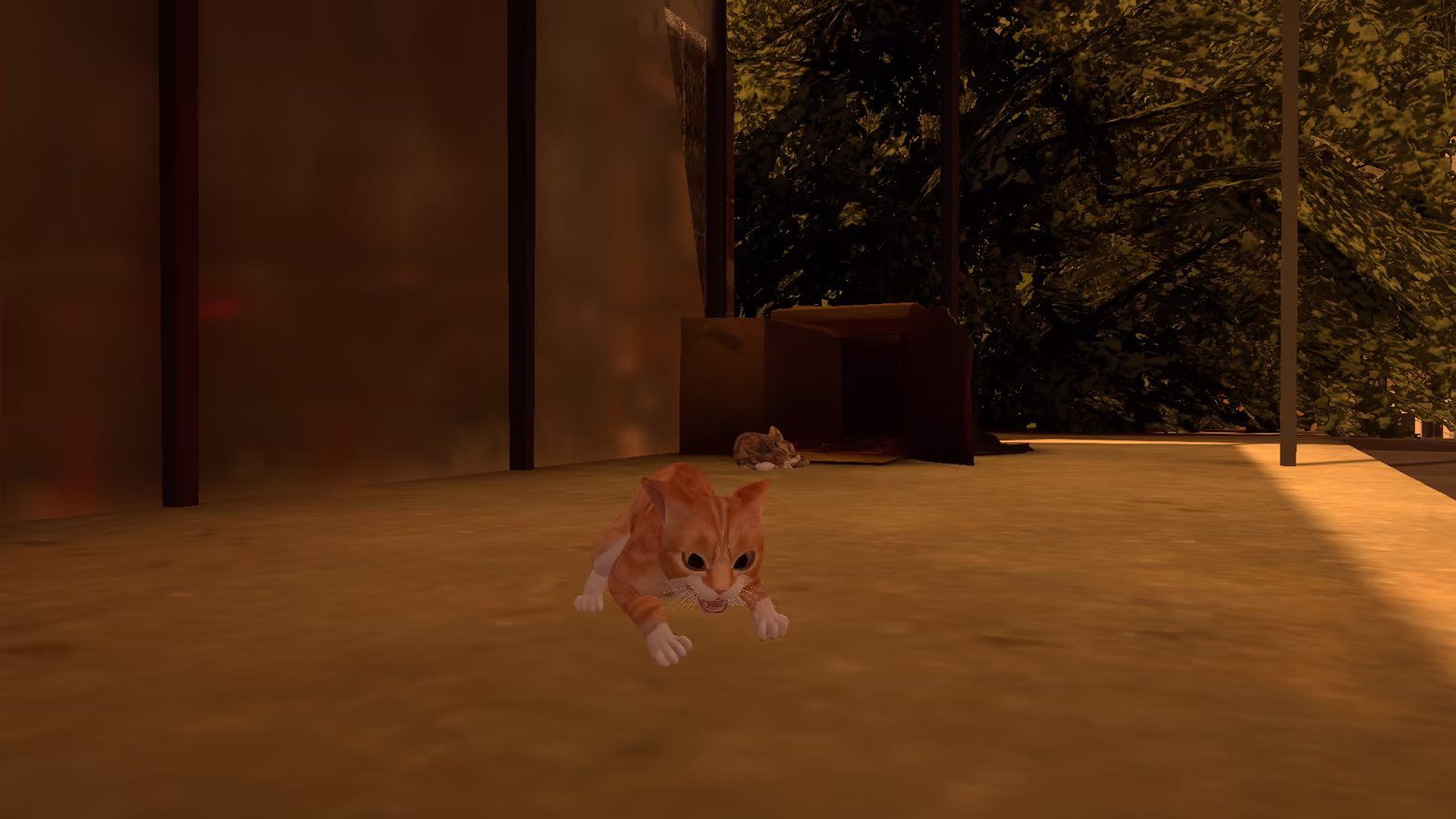 A kitten pounces toward the butterfly camera in a warm-lit interior. Frame from the in-game opening cinematic.