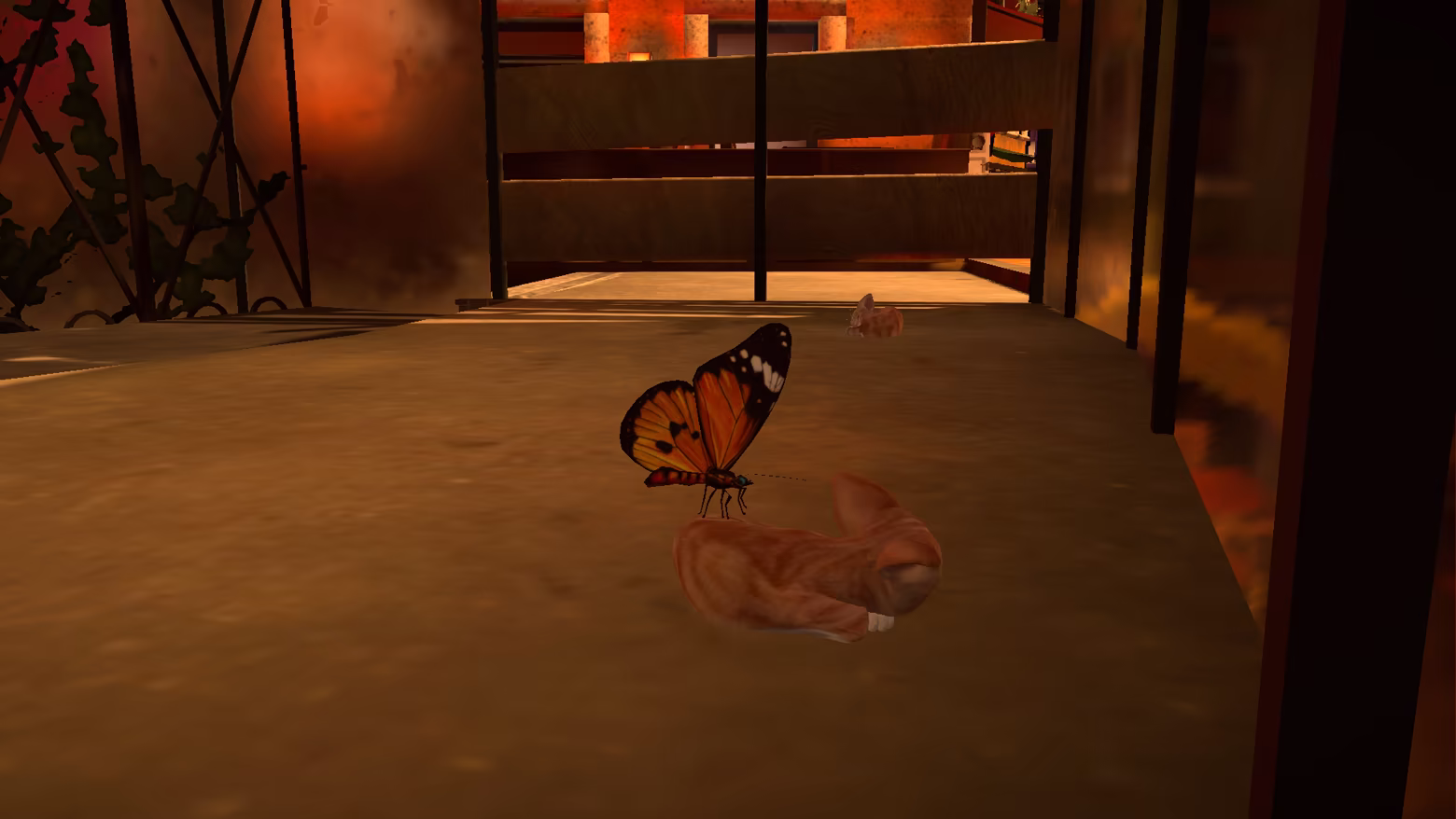 Two kittens rest in a nest as a butterfly lands on the nearer kitten. Frame from the in-game opening cinematic.