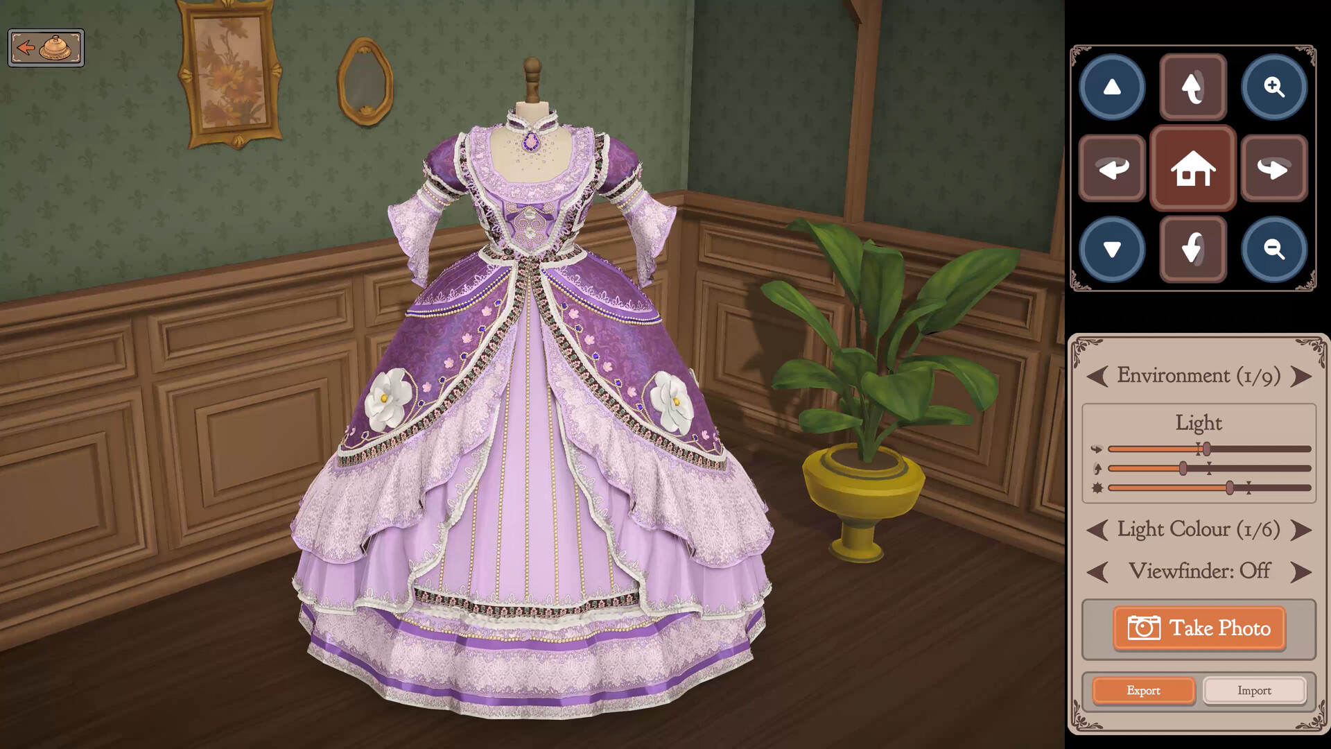 Dressmaker トルソーに着せた紫のドレスをフォトモードで撮影する画面