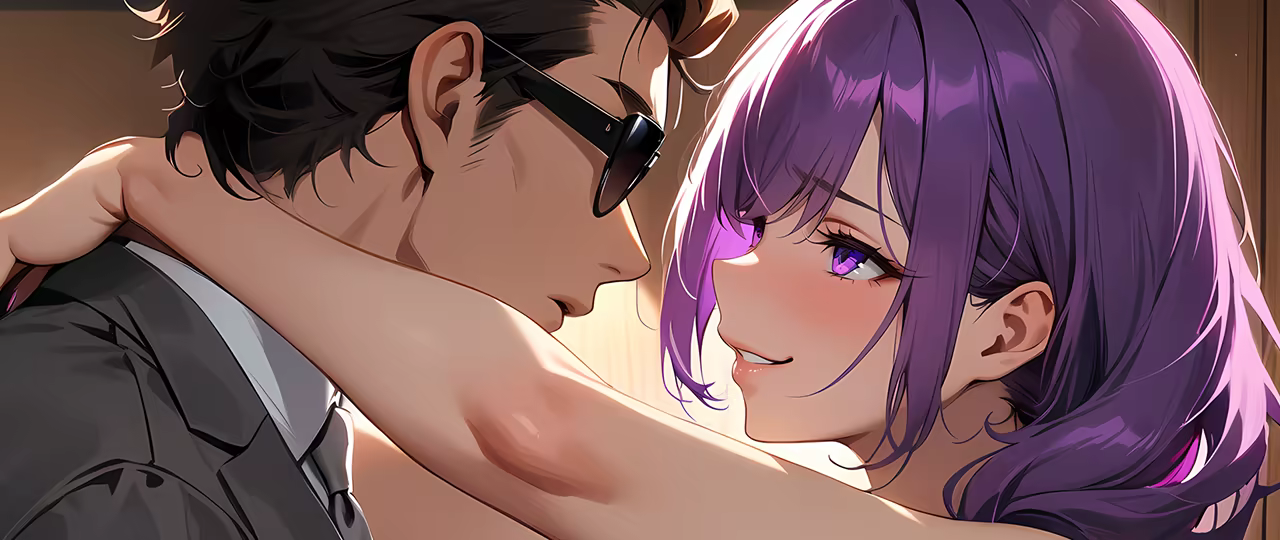 A seductive woman with purple hair and purple eyes wrapping her arms around a man wearing a grey suit and dark black sunglasses.