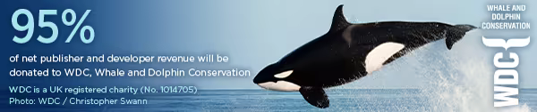 Banner showcasing an Orca with the text &quot;95% of net publisher revenue will be donated to WDC, Whale and Dolphin Conservation. WDC is a UK registered charity (No. 1014705)&quot;