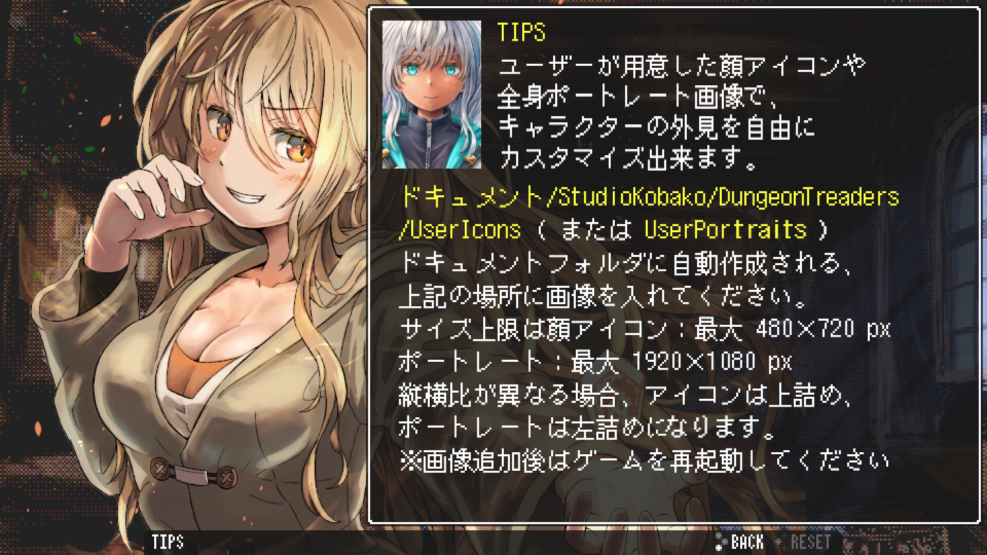 ダンジョントレダーズ ゲーム内TIPS画面 顔アイコン・全身ポートレートの差し替え手順