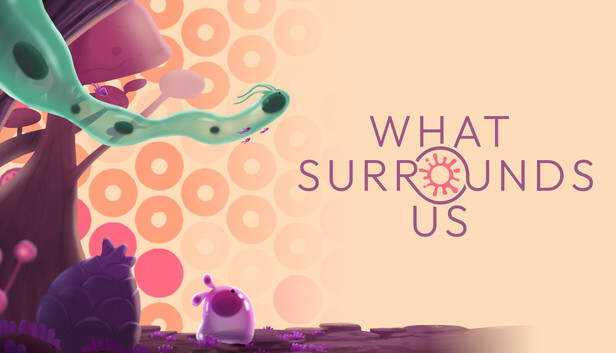 What Surrounds Us - tampilan capsule Steam dengan lingkaran putih di atas latar ungu