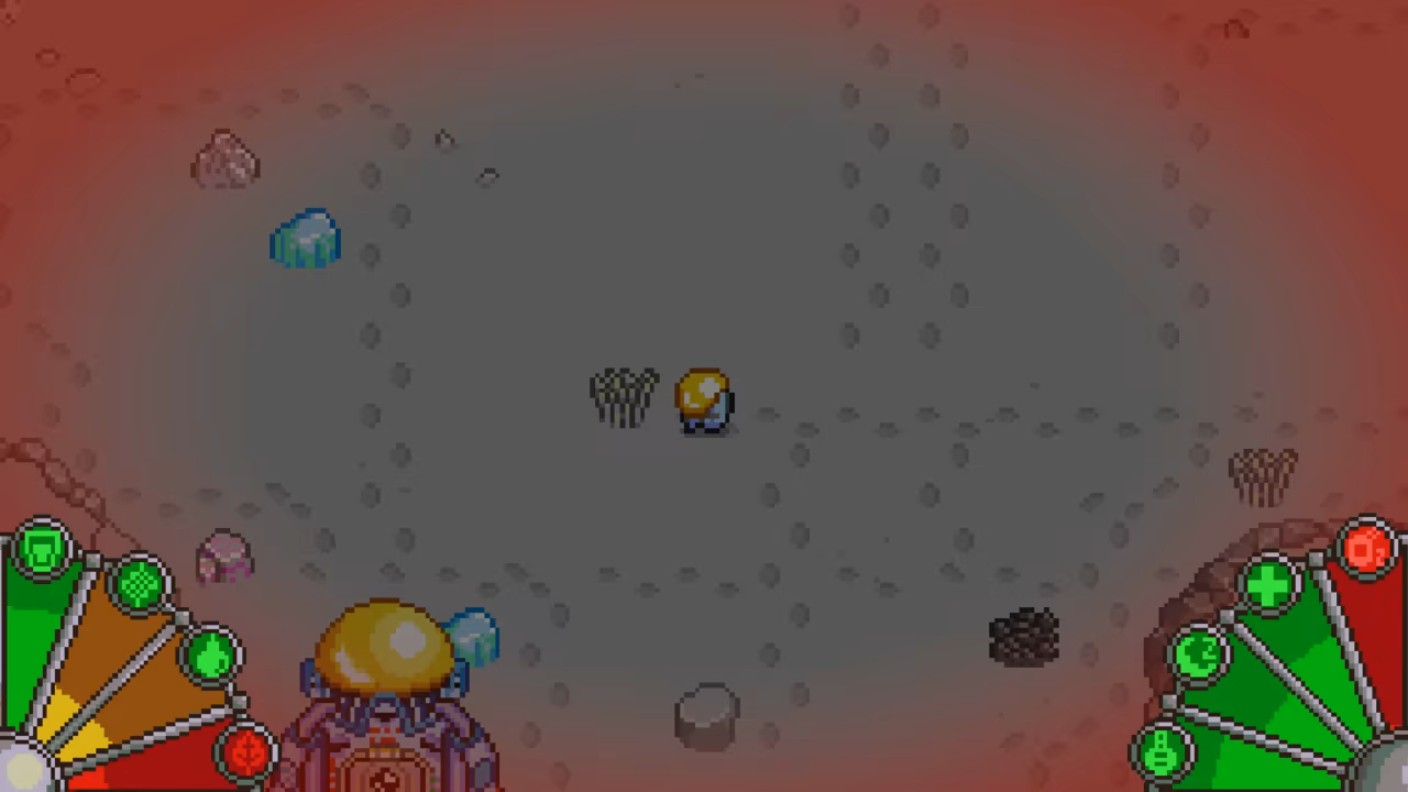 Survival gauges show several stats in danger - a red vignette borders the screen.