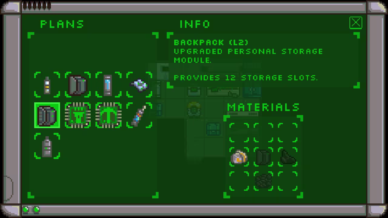 A view of the game's fabrication UI, displaying known blueprints, materials costs, and descriptions.