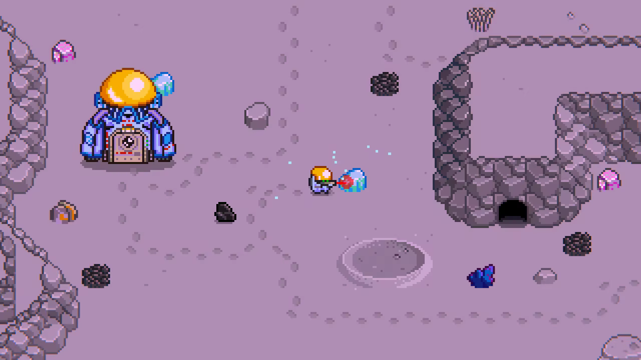A barren landscape with trails of footprints and a landing pod - the player character mines a block of ice.