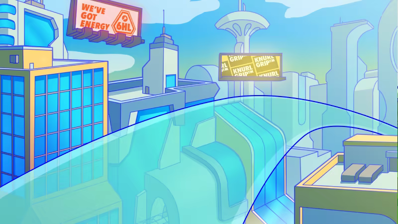 Illustration of a glowing blue translucent track zooming through a futuristic city.