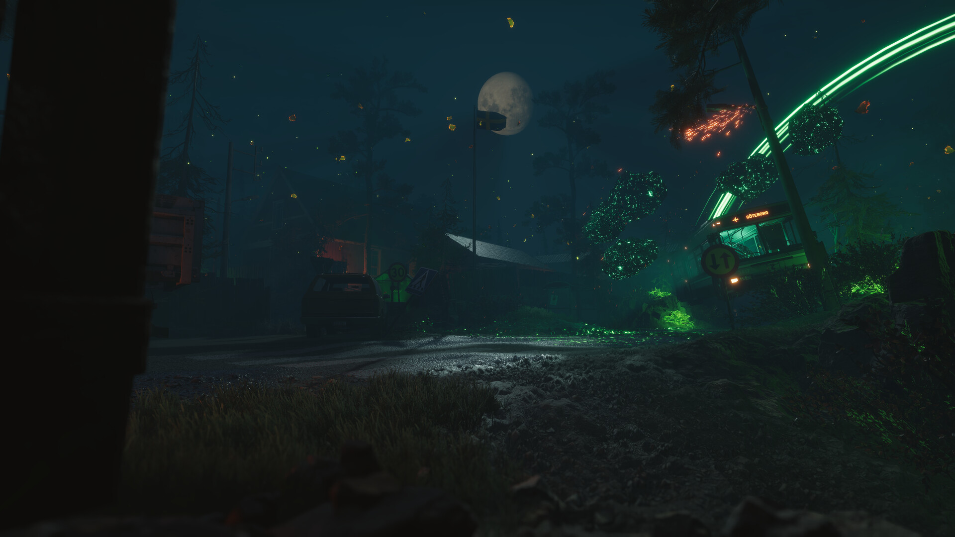 『NightRunner』公式スクリーンショット、夜の屋外に「30」の速度制限標識と「Göteborg」方面を示す道路標識が写る終末的な風景