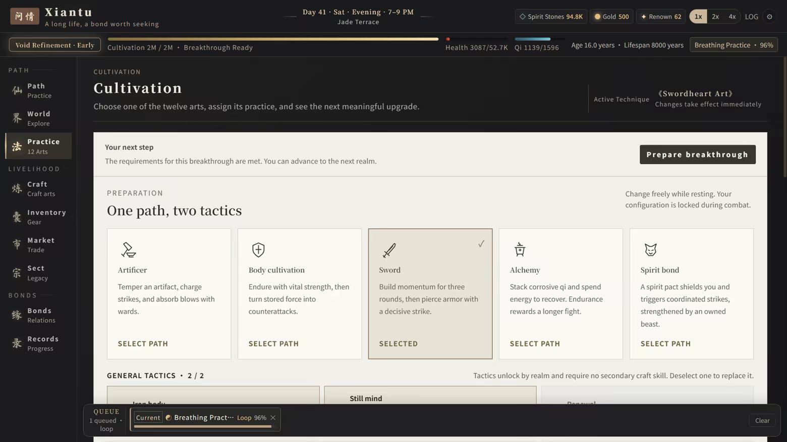 The Cultivation screen shows five paths—Sword, Alchemy, Spirit Bond, Body Cultivation, and Artificer—and the two selected general tactics.