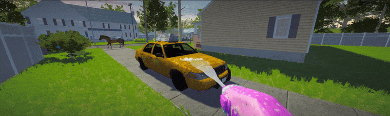 Gameplay GIF Super Wash Simulator dùng súng phun bọt rửa xe taxi