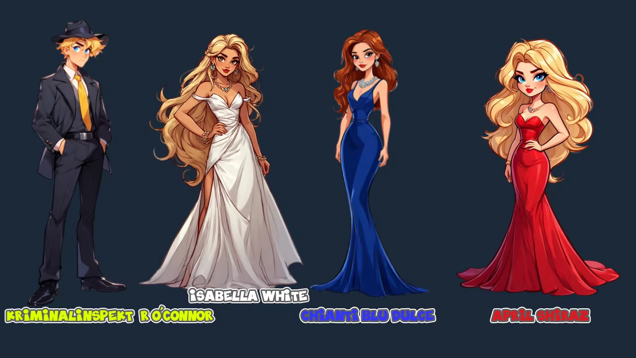 Detektiv O'Connor, Isabella White, Chianti Blu Dulce, April Shiraz.