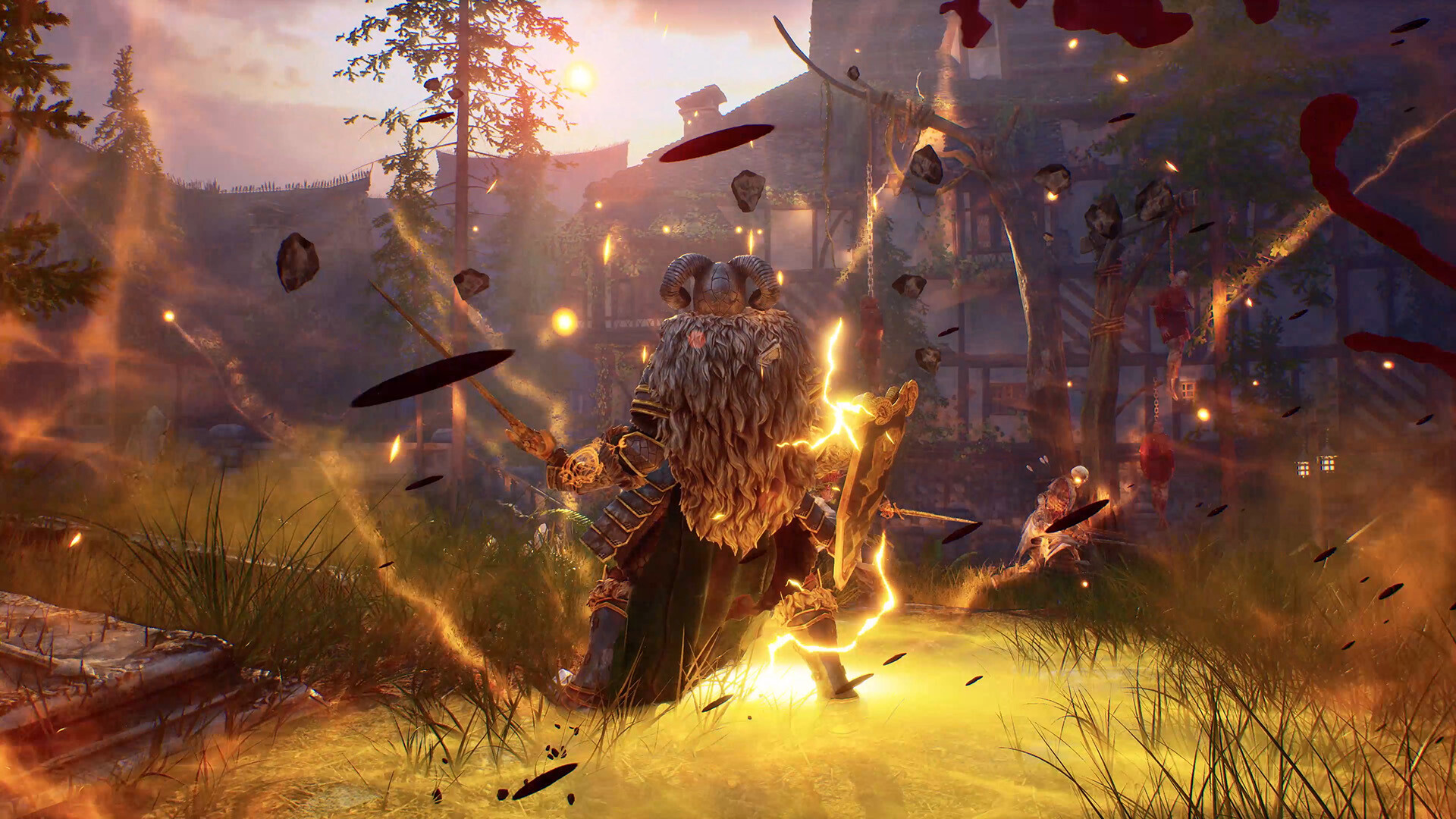 A silvery, armored figure stands with his back turned to the viewer amid an explosion of magical radiance. He carries a sword and shield. Blood and bolts of energy are radiating outward from the figure.