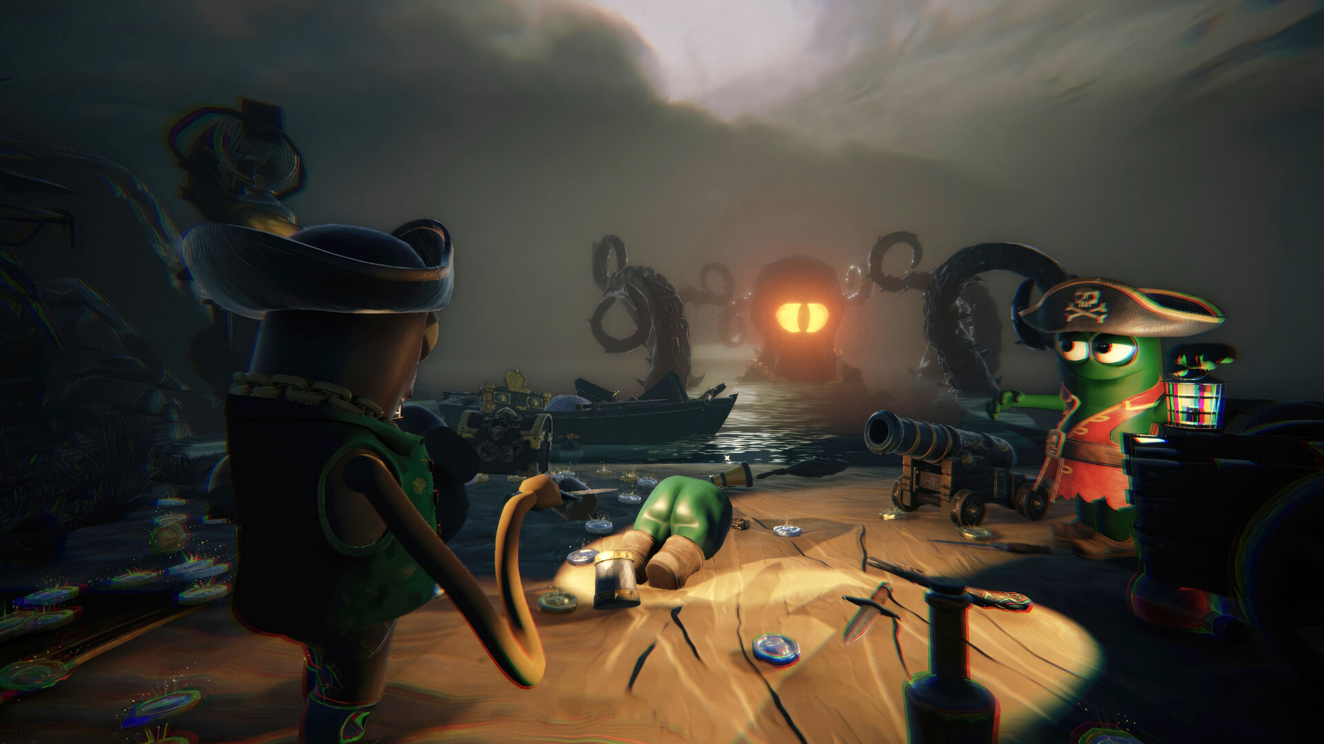 『Last Pirates: Die Together』公式スクリーンショット、洞窟の入り口に光る目と触手が見える不気味な浜辺のシーン