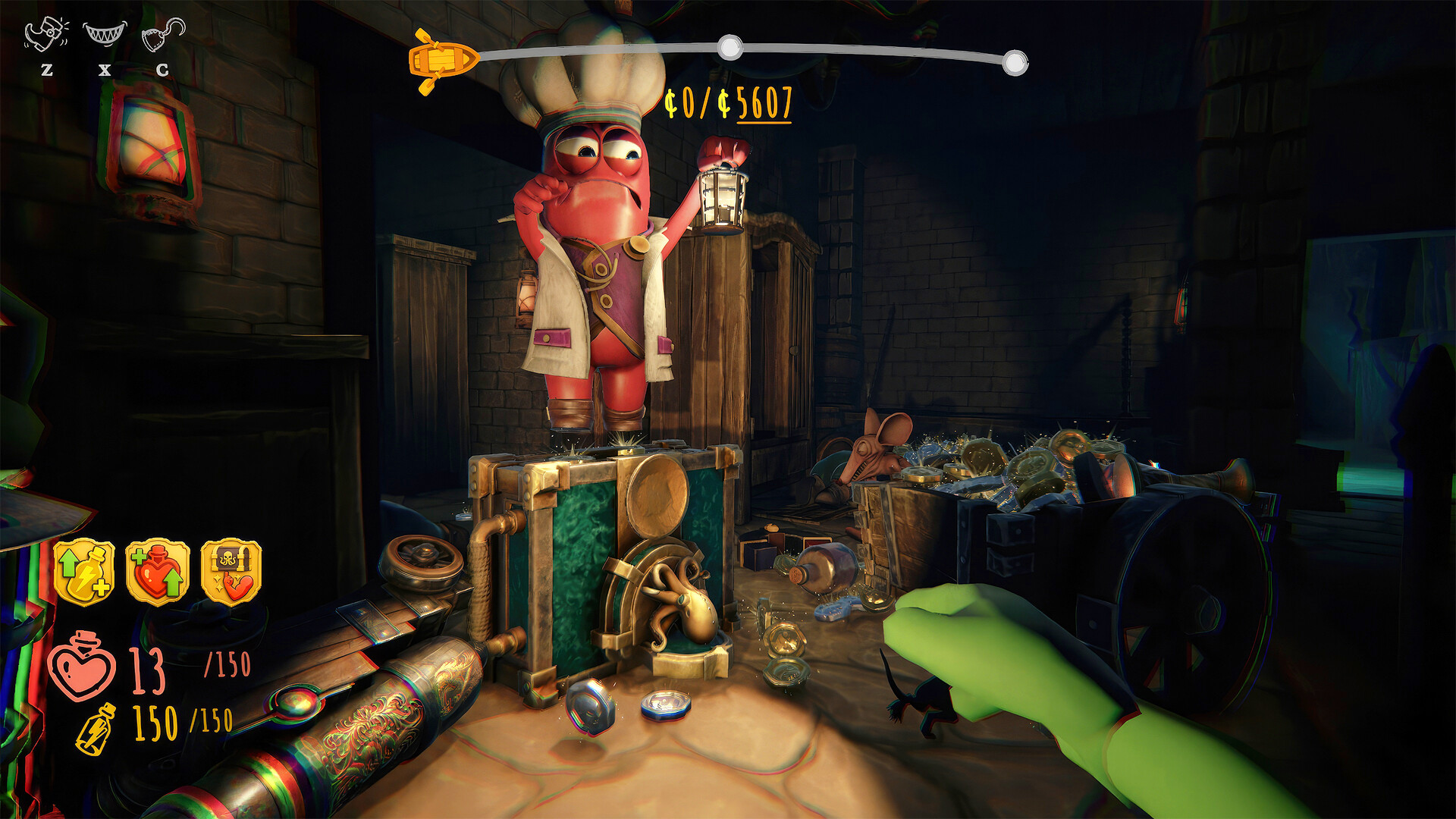 『Last Pirates: Die Together』公式スクリーンショット、宝物庫の一人称視点で伸びた腕と回収目標額のUIが表示されている