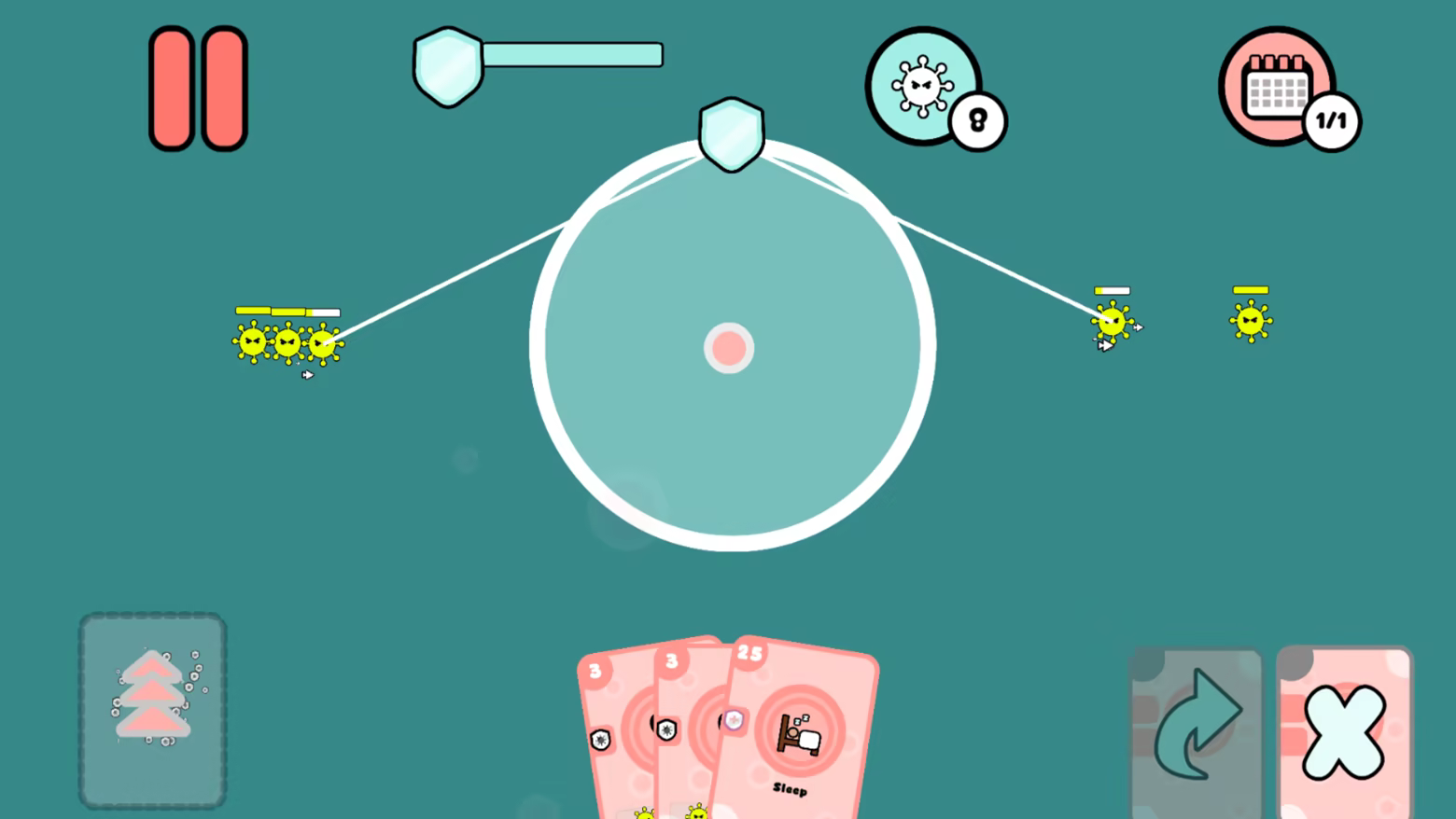 screenshot of bump guardian gameplay showing a ring and lines attacking multiple enemies