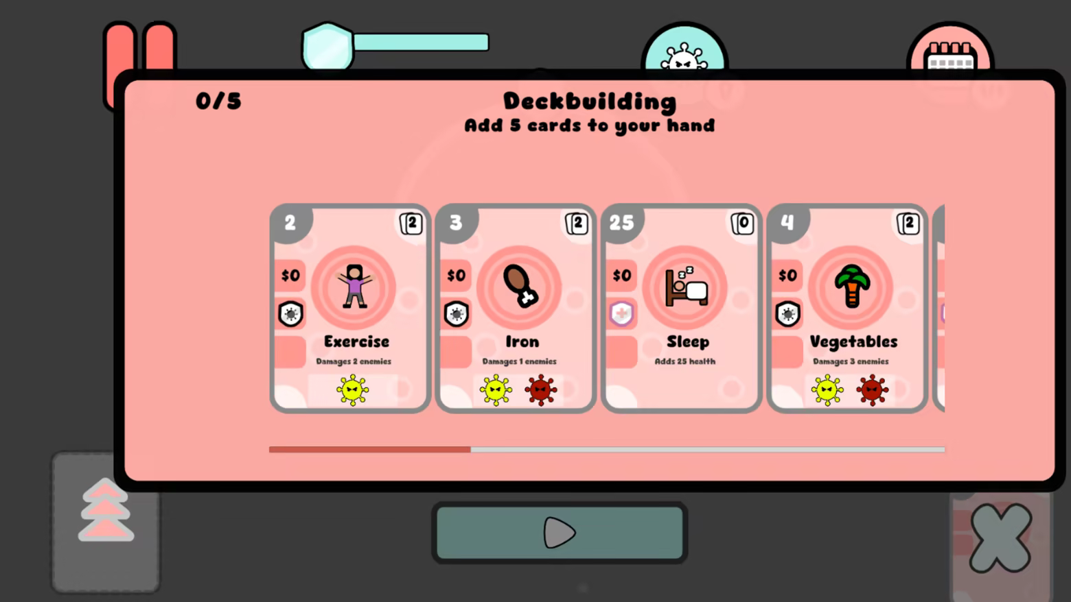 screenshot of bump guardian gameplay showing a UI panel of deckbuilding cards