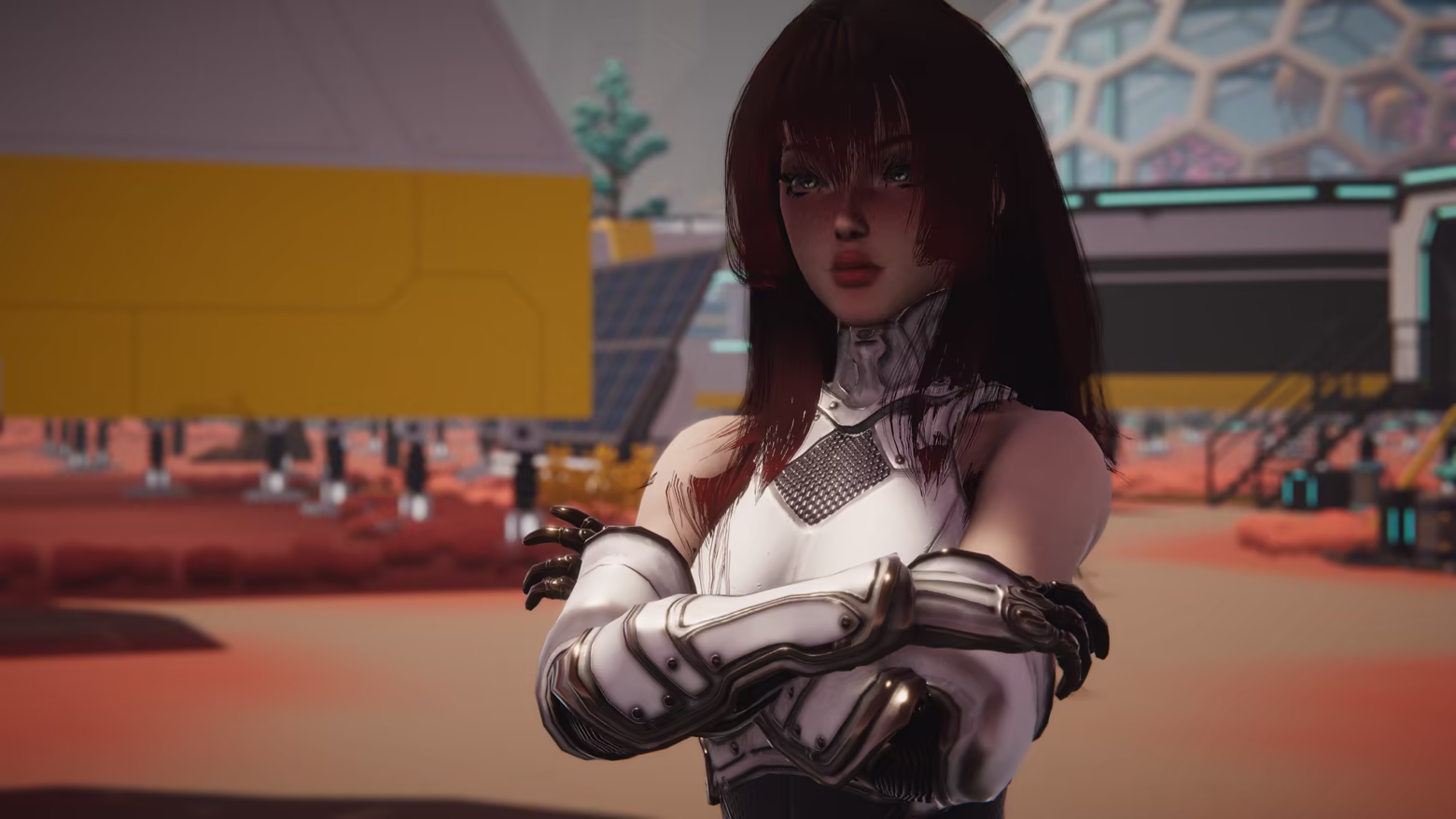 A close view of the armored protagonist beside the prebuilt base.