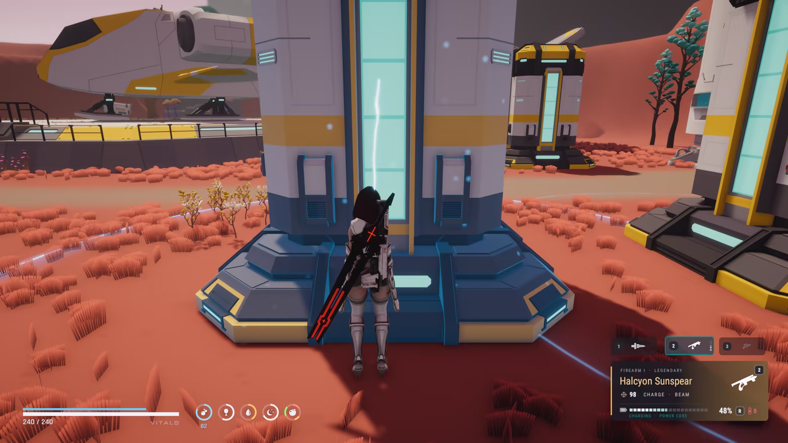 Recharge carried weapons near powered facilities in the current prototype.