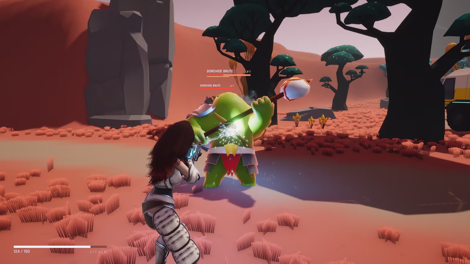 An over-the-shoulder energy weapon firefight with an alien creature in the combat prototype.