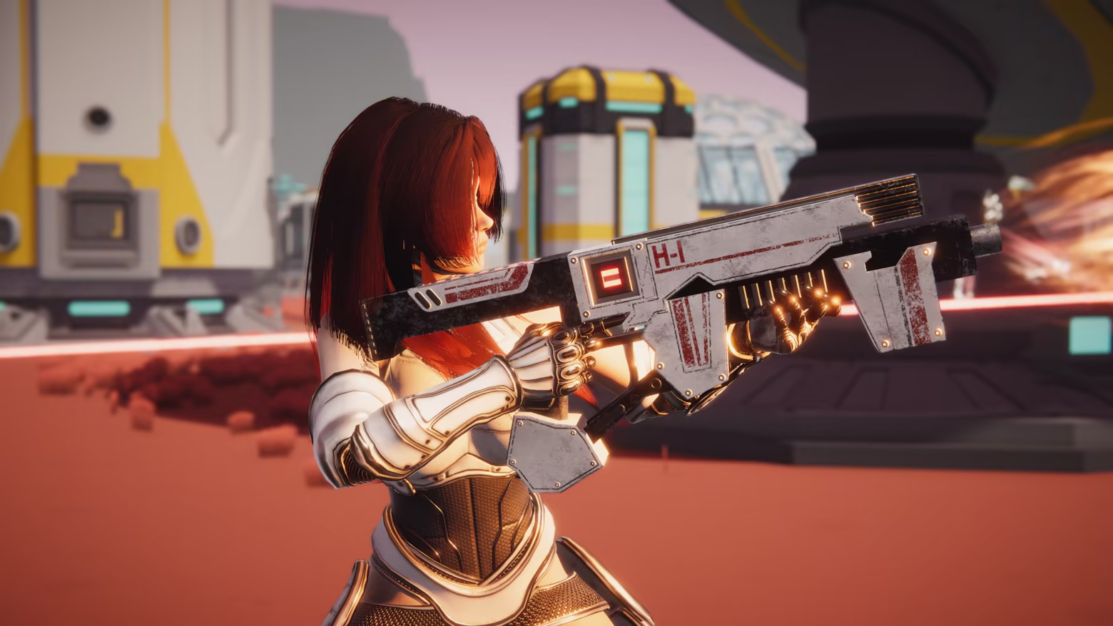 A close view of the protagonist firing a futuristic rifle beside the base.