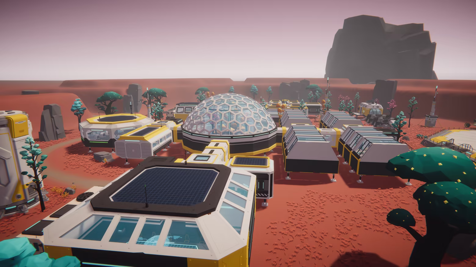 A panoramic view across the prebuilt science-fiction base and its central glass dome.