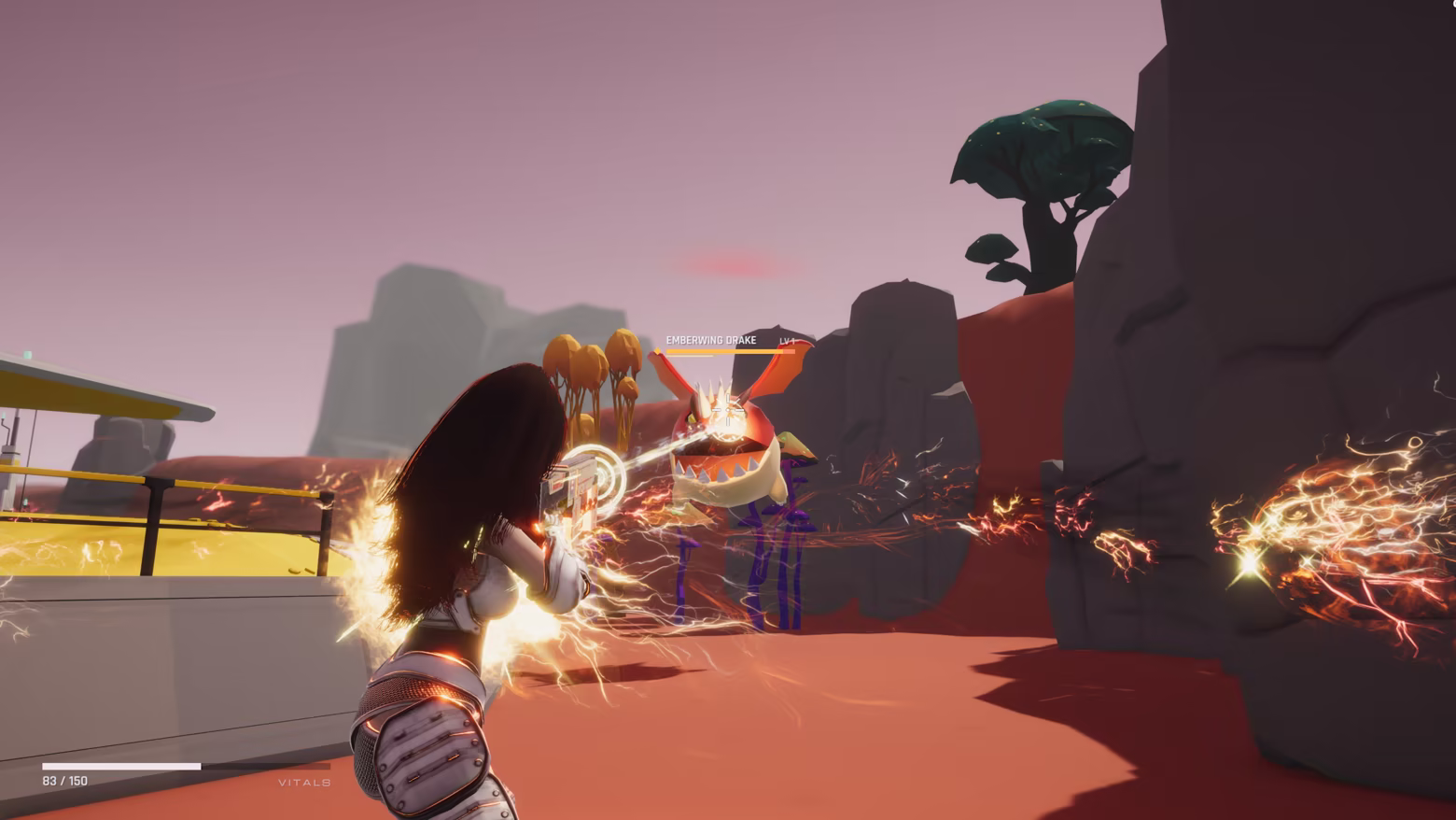 Third-person gunfire against a flying alien creature in the combat prototype.