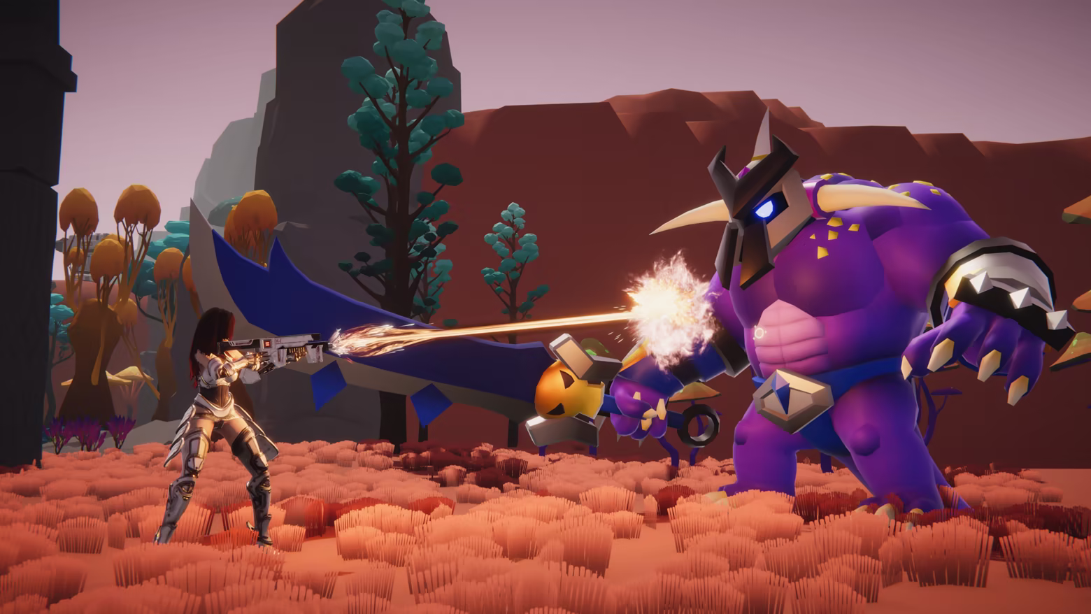 The protagonist confronting a towering purple alien in the combat prototype.