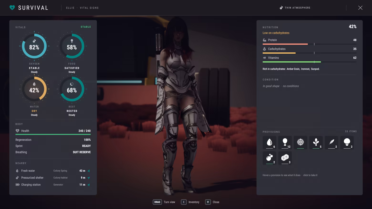 Keep track of oxygen, food, hydration, rest and nutrition in the survival screen.