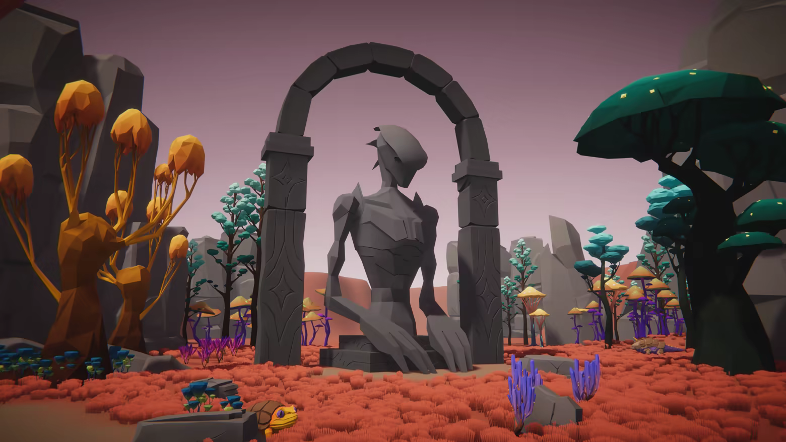 Colorful alien vegetation and large stone formations in the planet environment.