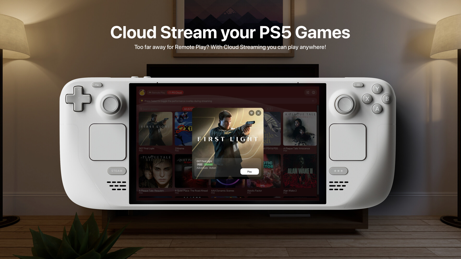 Asobi: Remote Play 公式スクリーンショット PS CloudタブにクラウドのPS5タイトルがカード状に並んだライブラリ画面