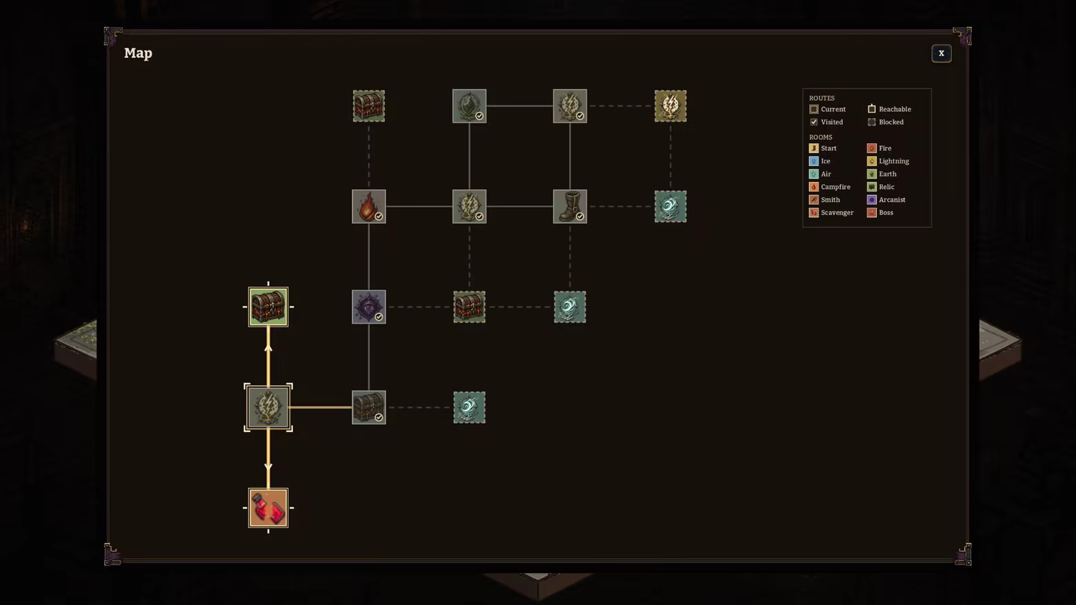 A branching dungeon map with combat, merchant, treasure, campfire, and arcane room routes.