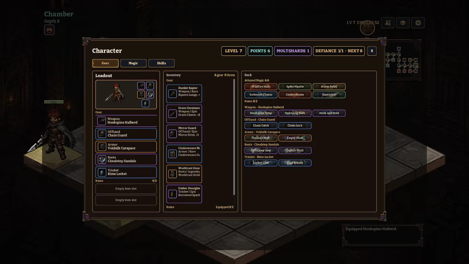 The character loadout screen showing equipped gear, inventory items, and a deck of ability cards.