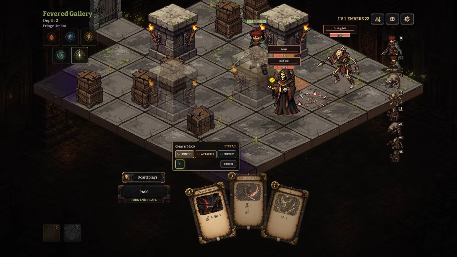 The player aims a Cleaver Hook card across a tiled combat room to push enemies through hazards.