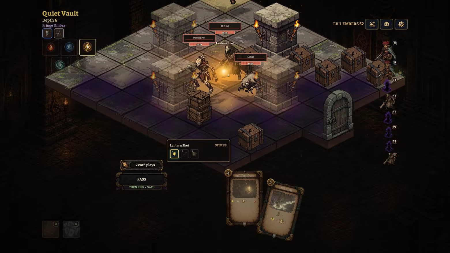 The player illuminates a shadowed combat room with a lantern while enemies gather beyond the light.