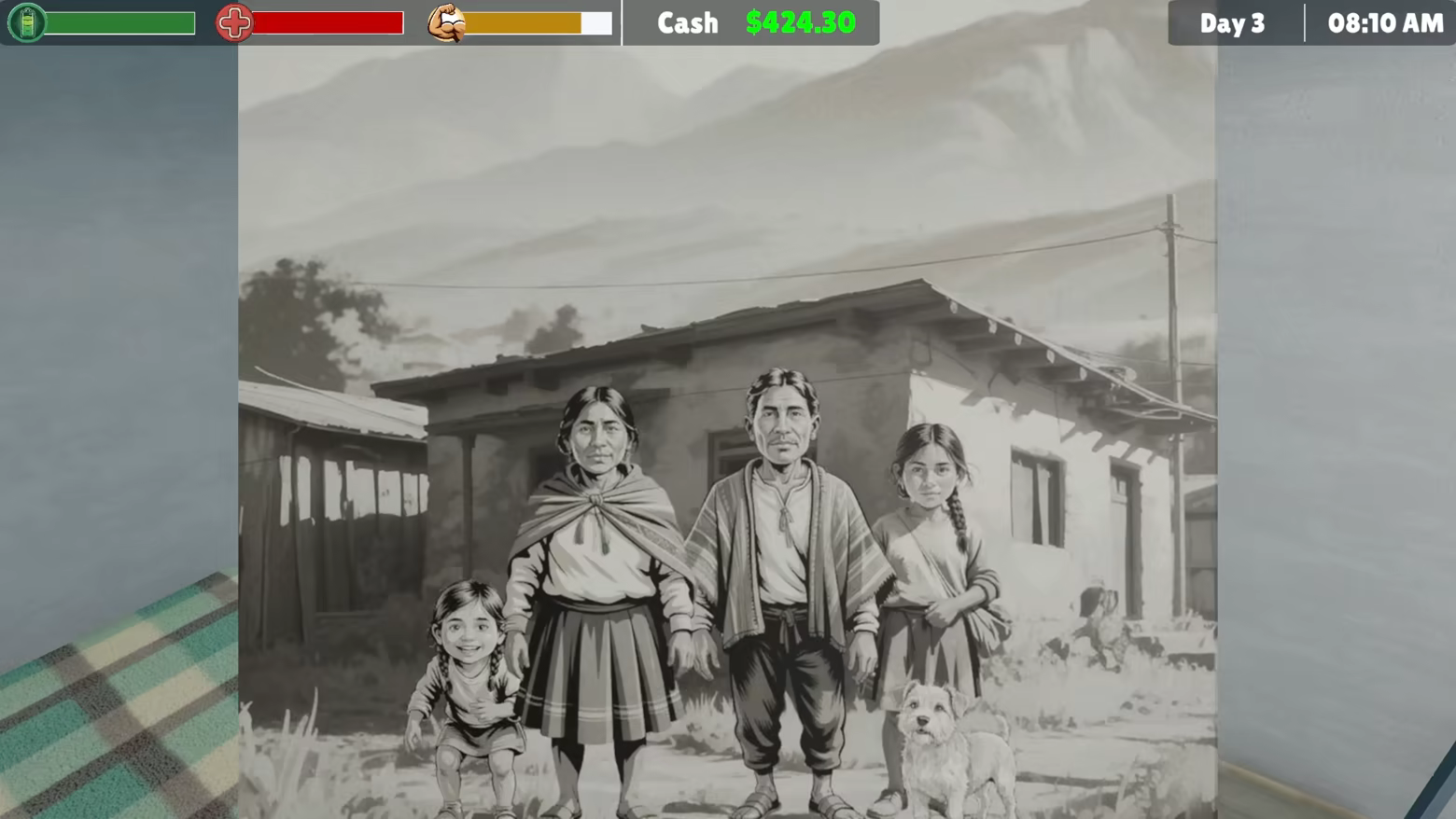Portrait in sepia tone showing the player's family. They are poor and living in humble conditions. The family comprises an older couple, one teenage girl and a younger girl. They also have a cute pup at their feet.