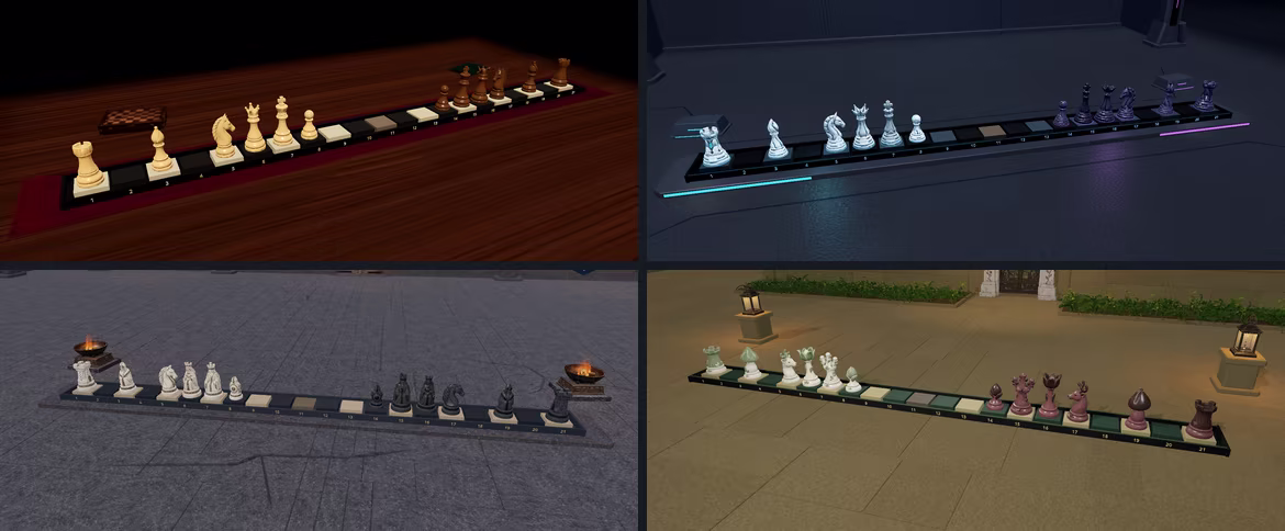 The four 3D themes in Linear Chess: Classic, Neon, Nordic Kingdom and Enchanted Garden.