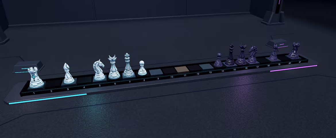 White and Black pieces on the single line of 21 squares in Linear Chess.