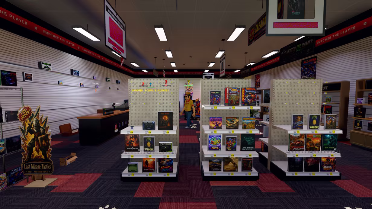 The shop floor: stocked shelves of boxed games down both sides of the aisle, a cardboard standee and a red and charcoal carpet.