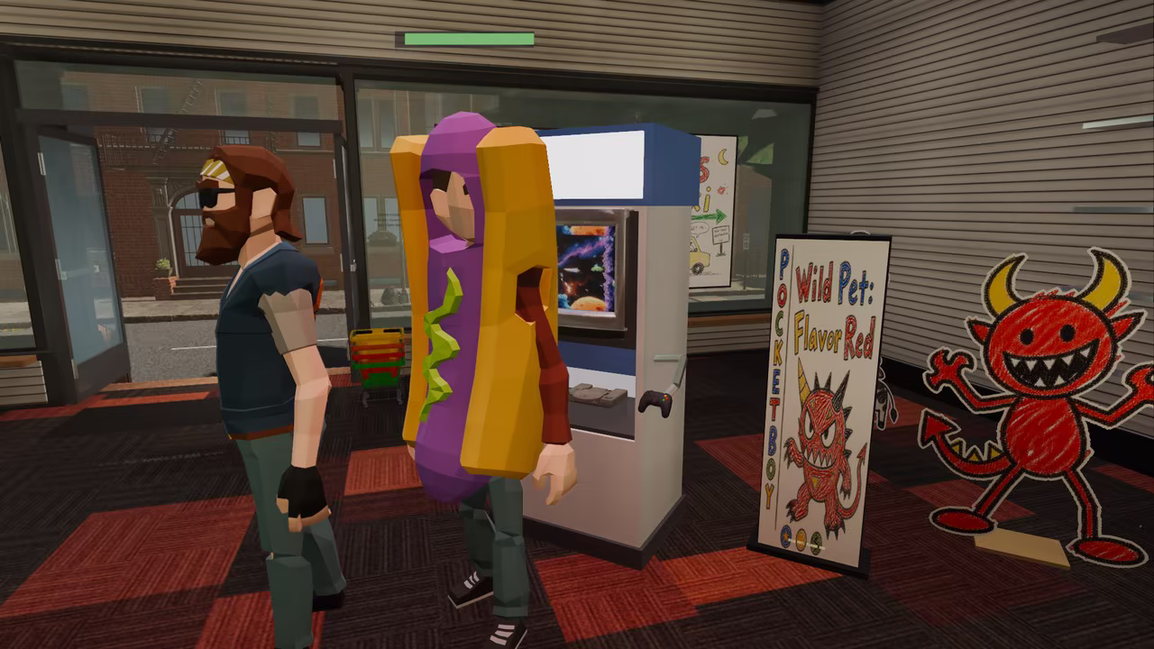 Two customers at a demo kiosk beside a game standee.