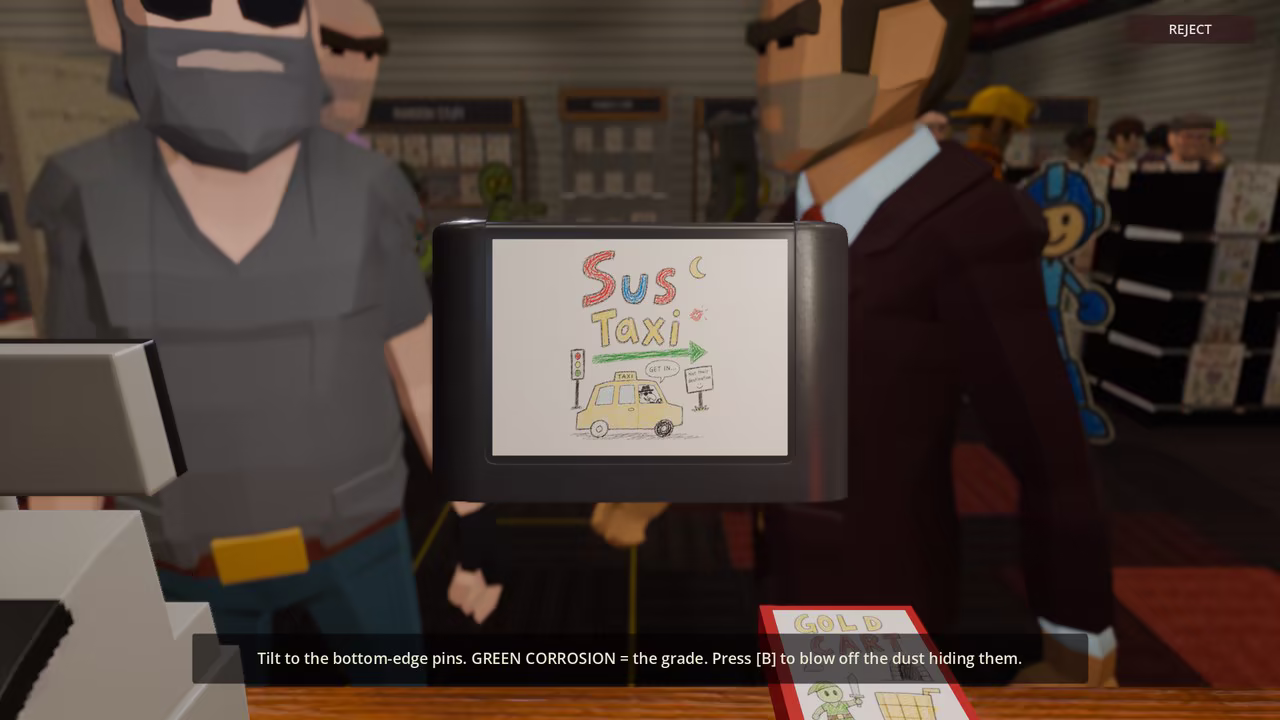 A trade-in cartridge held up at the counter while the customer waits.