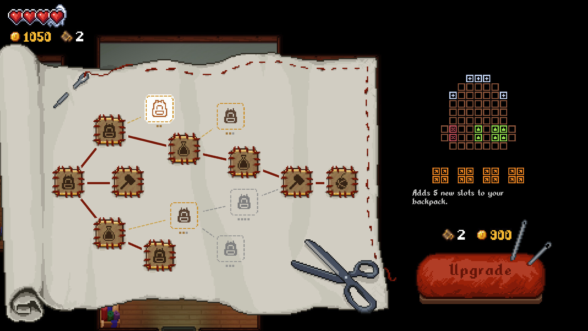 Glintseeker Island 公式スクリーンショット 裁縫でバックパックにスロットを追加するアップグレード画面