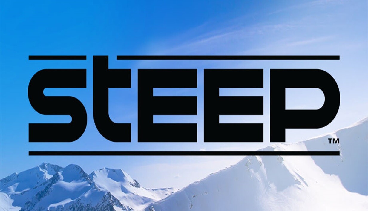 Official Steep artwork showing a red-suited rider descending a snowy slope, used to identify the PC version sold through Steam.