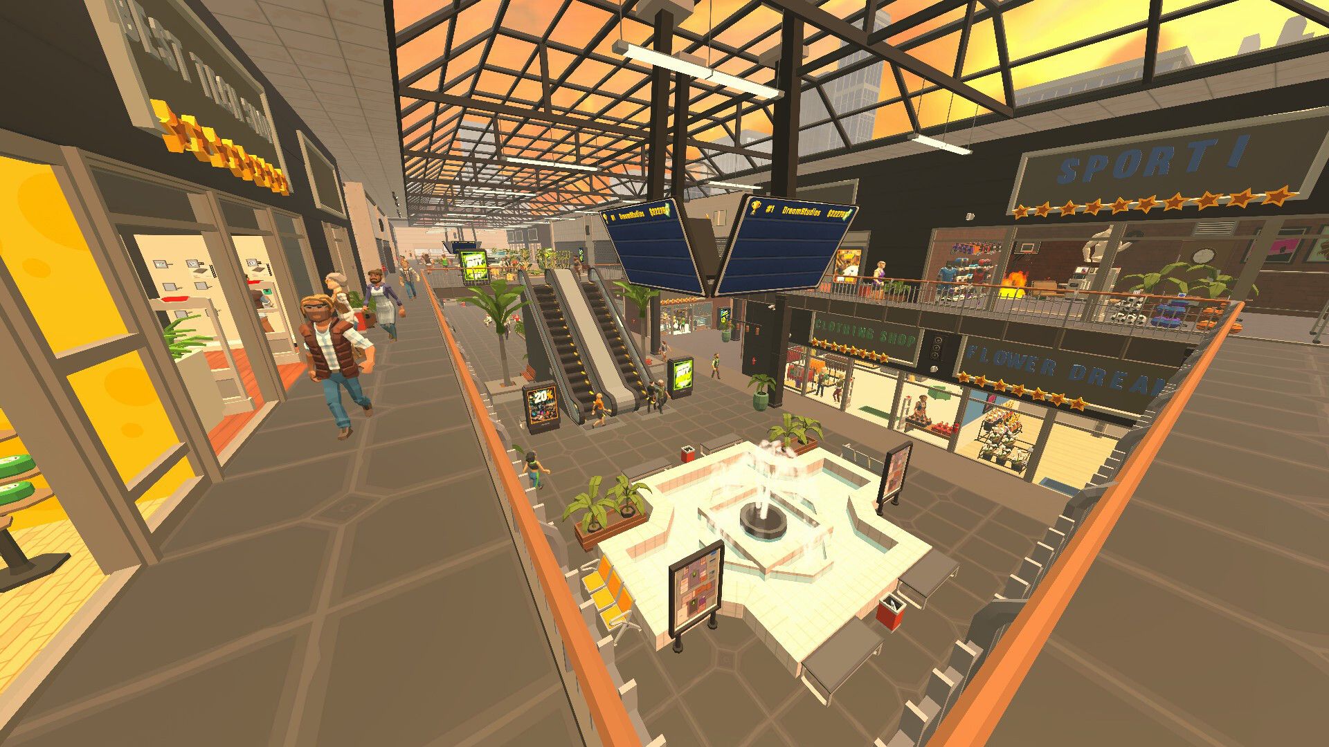 Retail Rivals 公式スクリーンショット 2階建てのショッピングモール内観と噴水広場