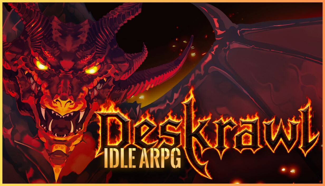 Deskrawl: Idle ARPG official Steam promotional capsule featuring the demon and game logo