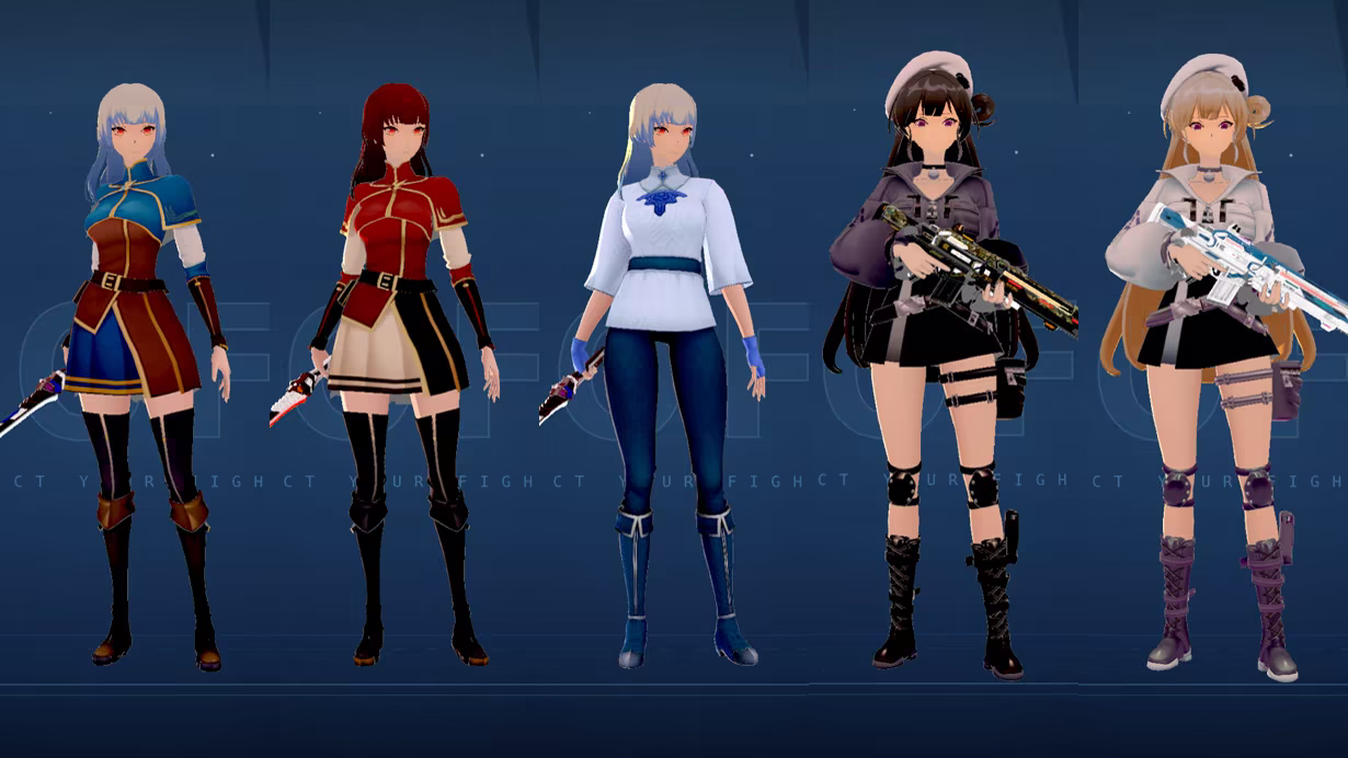 Lineup of XENOFALL's playable fighters showing the five weapon classes
