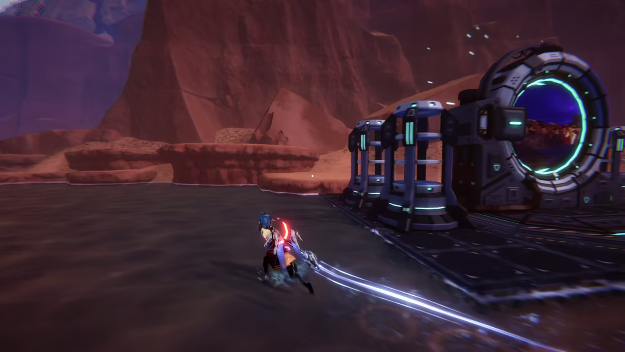 A hostile canyon stage with alien structures under a red sky