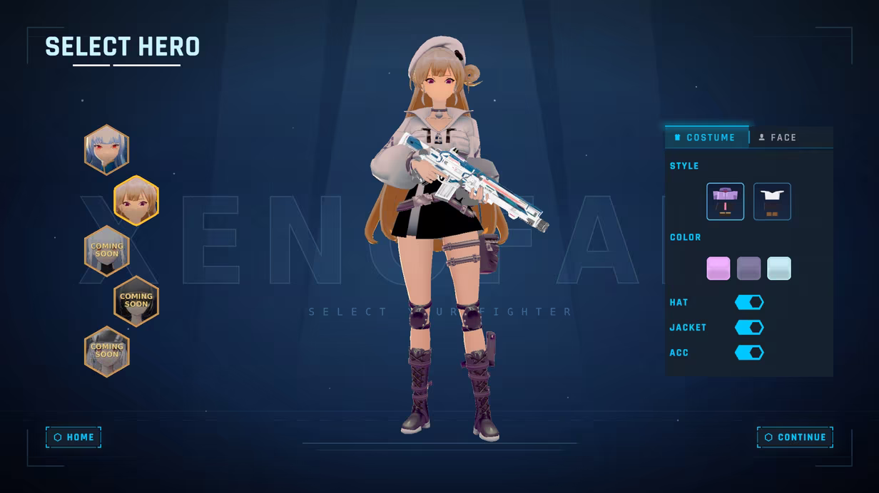 Character select and customization screen with outfit and style options